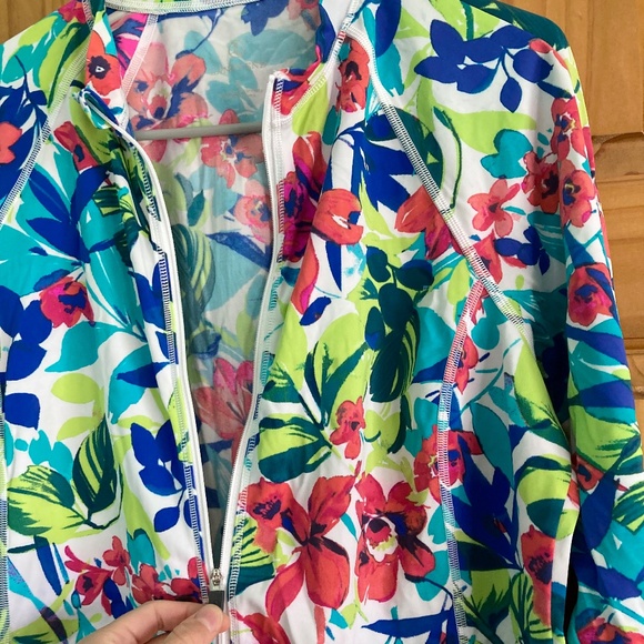 Women’s size XL Lands’ End colorful floral zip up modest swim top/athletic top - Picture 2 of 6